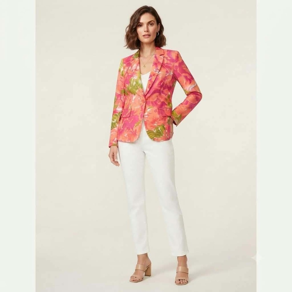 Isaac Mizrahi Blazer Womens Pink Orange Floral Print Single Breasted Jacket